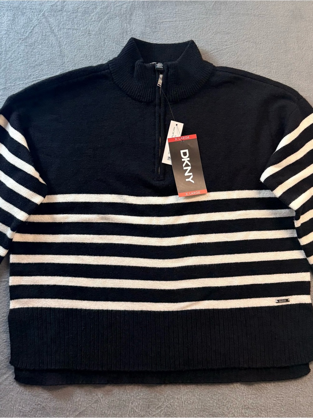 DKNY Black and White Striped Quarter-Zip Pullover